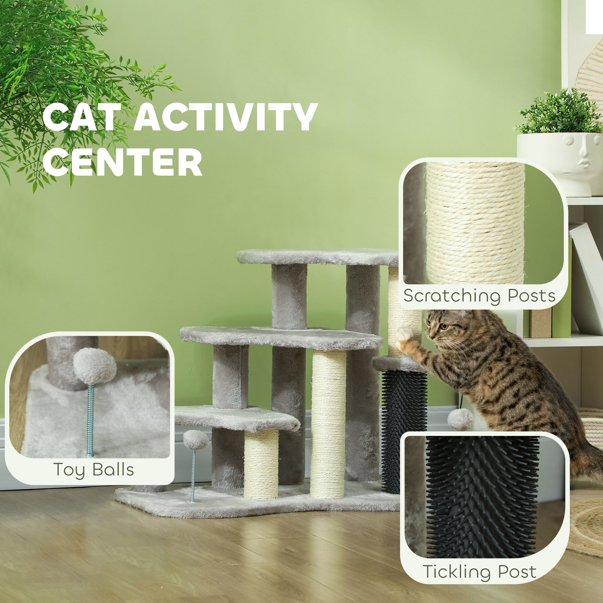 2 in 1 Cat Tree Tower 3-Step Pet Stairs with Scratching Posts, Tickling Post, Toy Balls, for High Beds, Couch