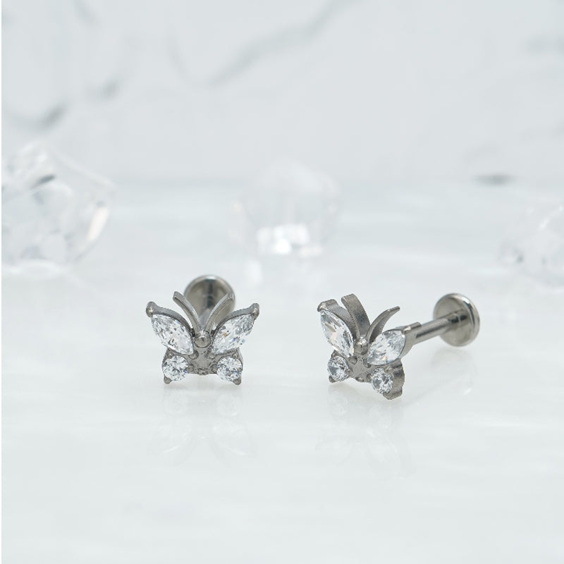 Butterfly Whisper 1 Pair Of Women's Earrings, Butterfly Shaped Earrings, Stainless Steel Zircon Earrings With Flowers, Crystal Clusters Blooming