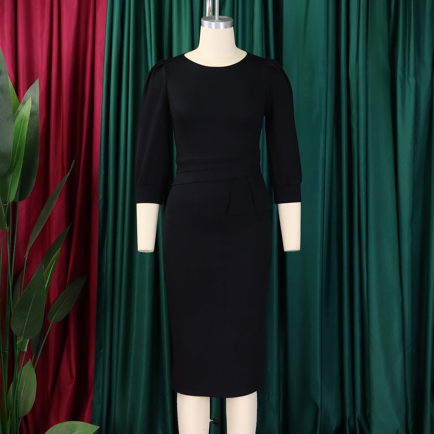 Women's Bodycon Pencil Dress Round Neck 3 4 Sleeve Peplum Wear To Work Office Dress