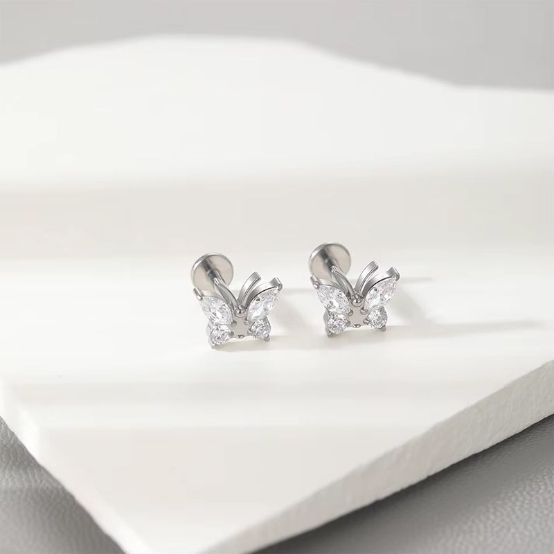 Butterfly Whisper 1 Pair Of Women's Earrings, Butterfly Shaped Earrings, Stainless Steel Zircon Earrings With Flowers, Crystal Clusters Blooming