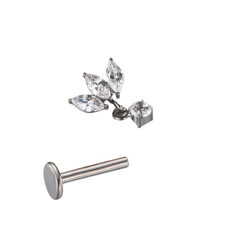 Right Grand Implant Grade Titanium 16G Triple Marquise CZ Internally Threaded Labret Monroe Lip Cartilage Helix Stud Earring