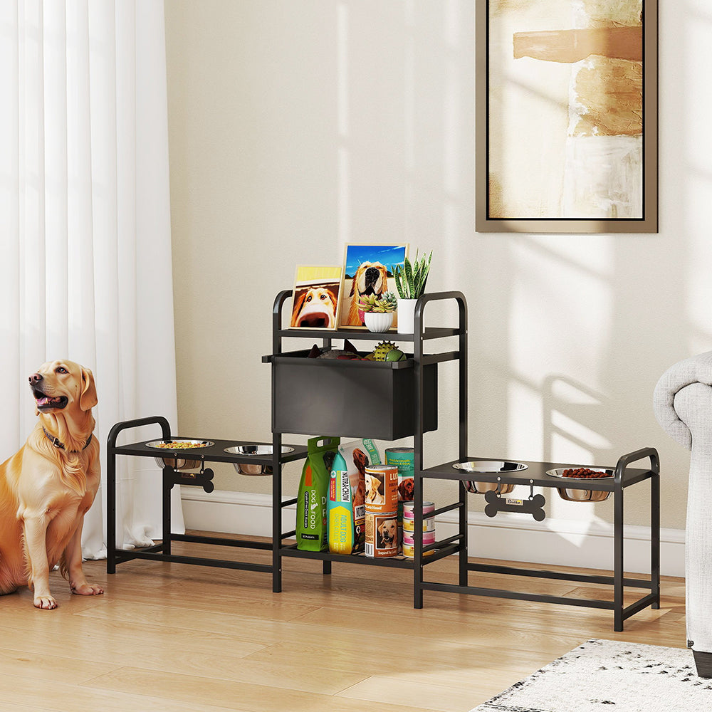 3 Height Adjustable Dog Bowl Stand Oxford Fabric With Features Four  Bowls, Toy Bin Basket