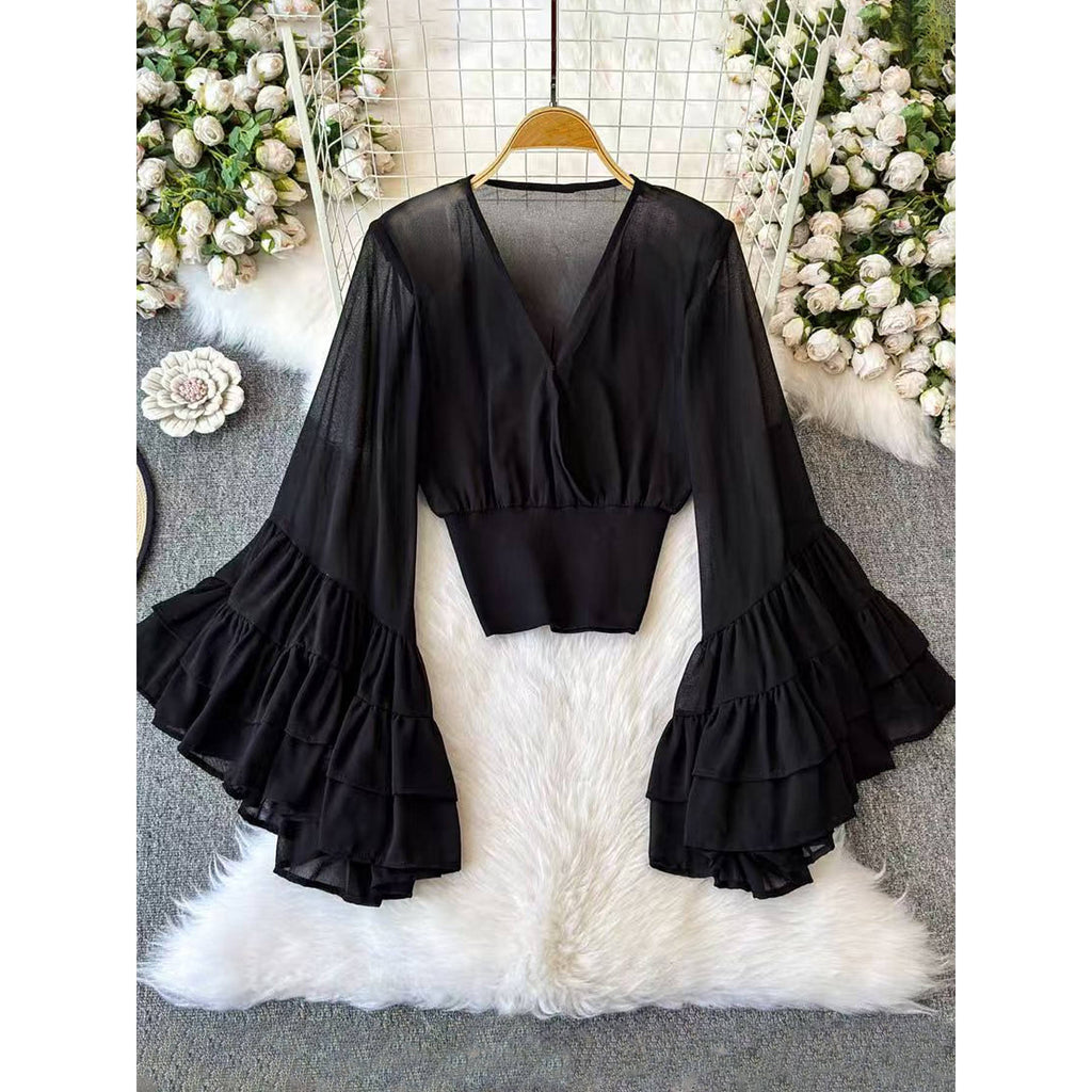 Ultra-girly Deep V-neck Figure-flattering Flared Sleeves