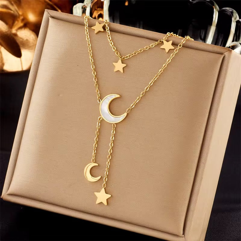 Moon And Stars Necklace Gold Layered Chain Astrology Jewelry