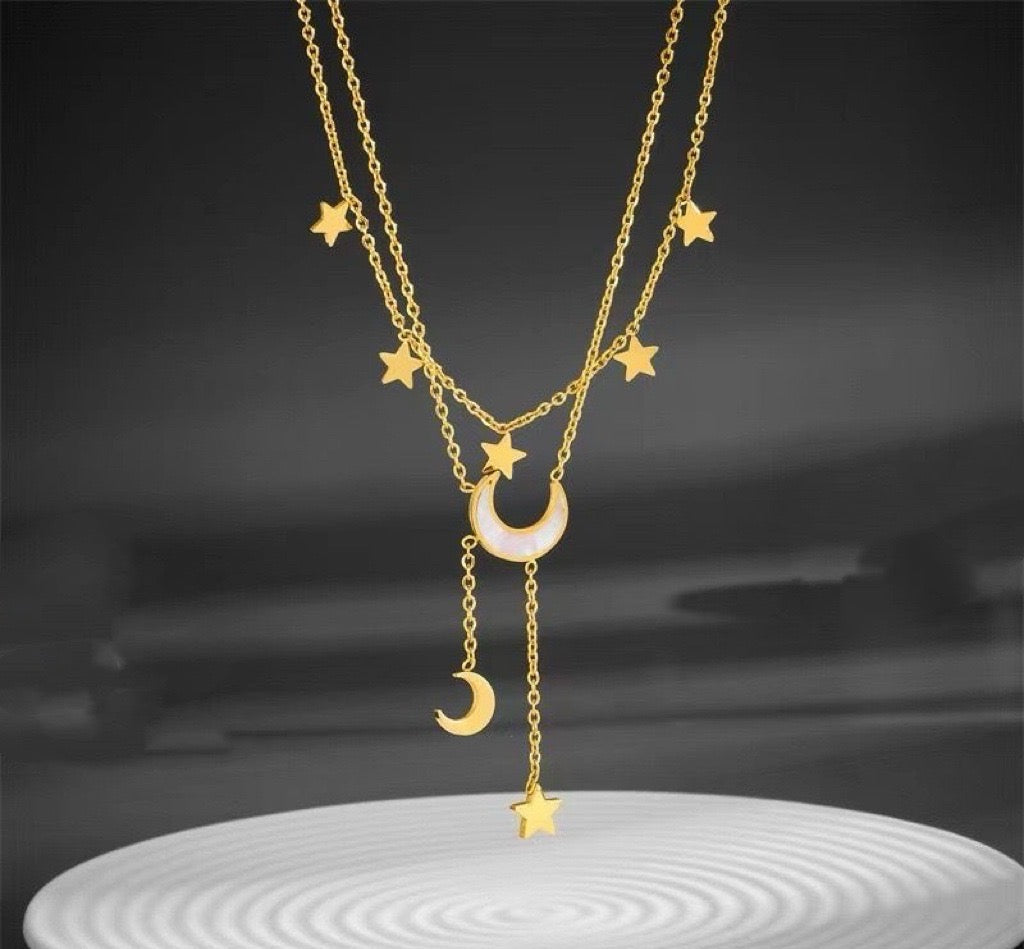 Moon And Stars Necklace Gold Layered Chain Astrology Jewelry