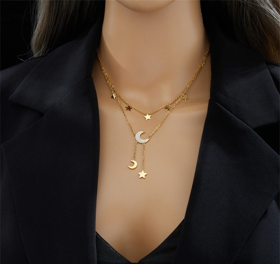 Moon And Stars Necklace Gold Layered Chain Astrology Jewelry