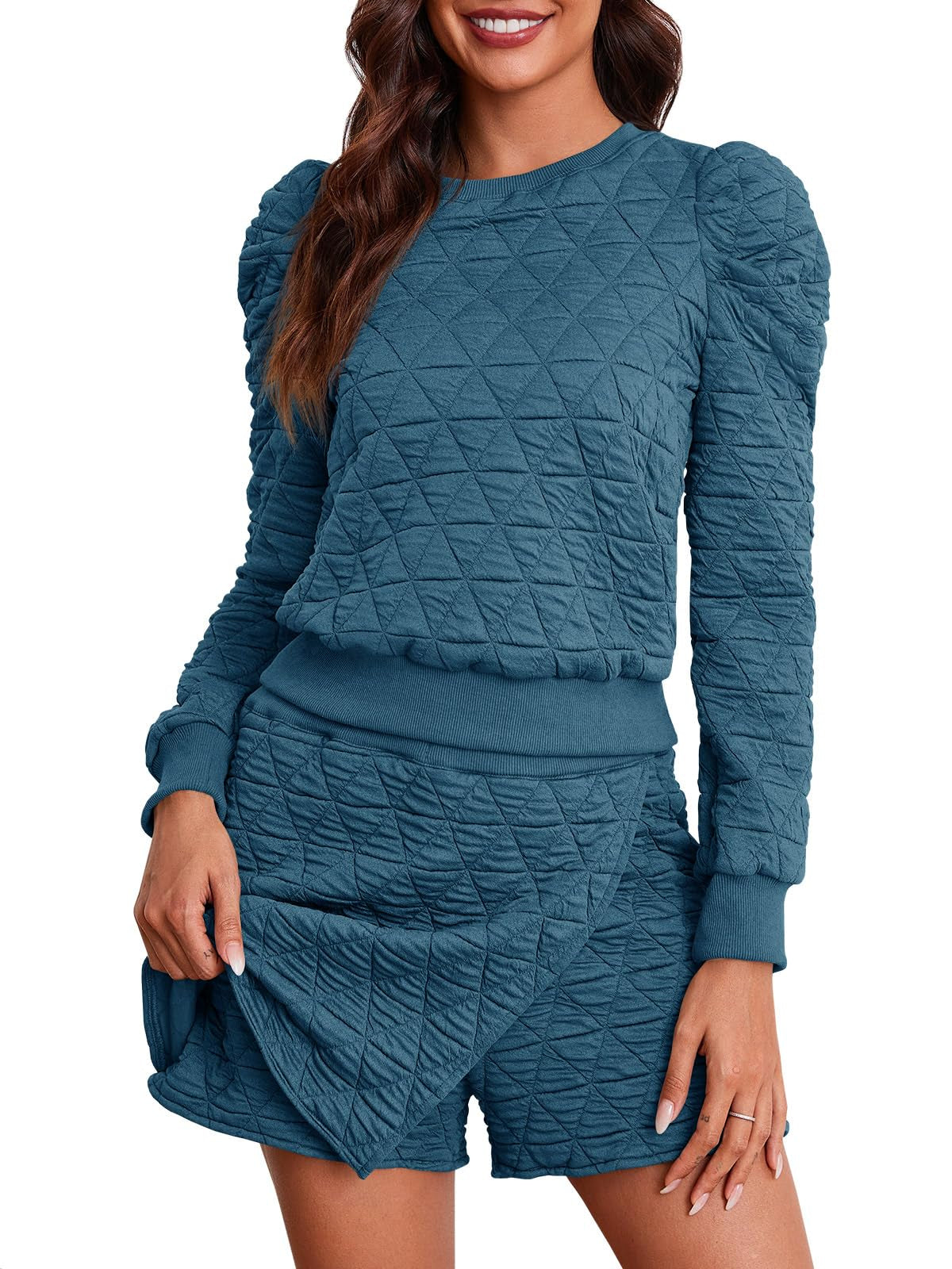Fisoew Women's 2 Piece Lounge Wear Set Long Sleeve Argyle Sweatshirts And Wrap Skorts Casual Sets