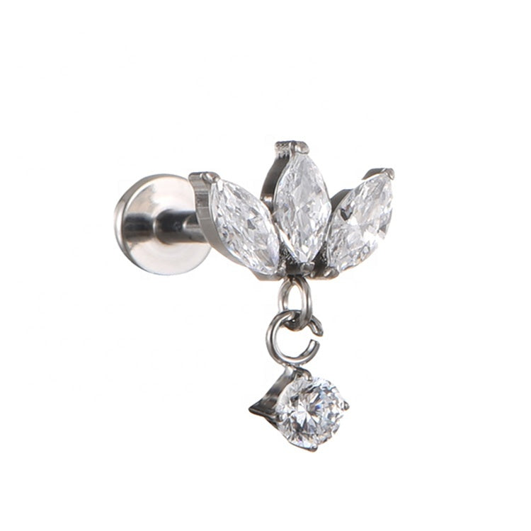 Right Grand Implant Grade Titanium 16G Triple Marquise CZ Internally Threaded Labret Monroe Lip Cartilage Helix Stud Earring