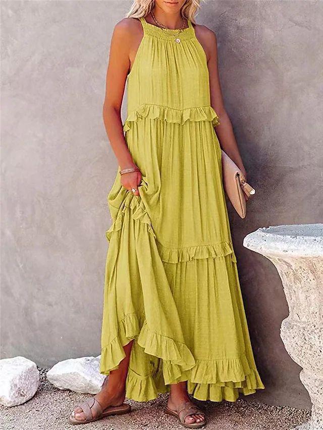 Summer Vacation Style Halter Neck Long Dresses Women Fashion Backless Leace-up Loose Ruffles Beach Dress Elegant Ladies Vestidos