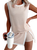 1Set Ribbed Sleeveless Top Shorts Set Women Summer Casual Two Piece Outfit