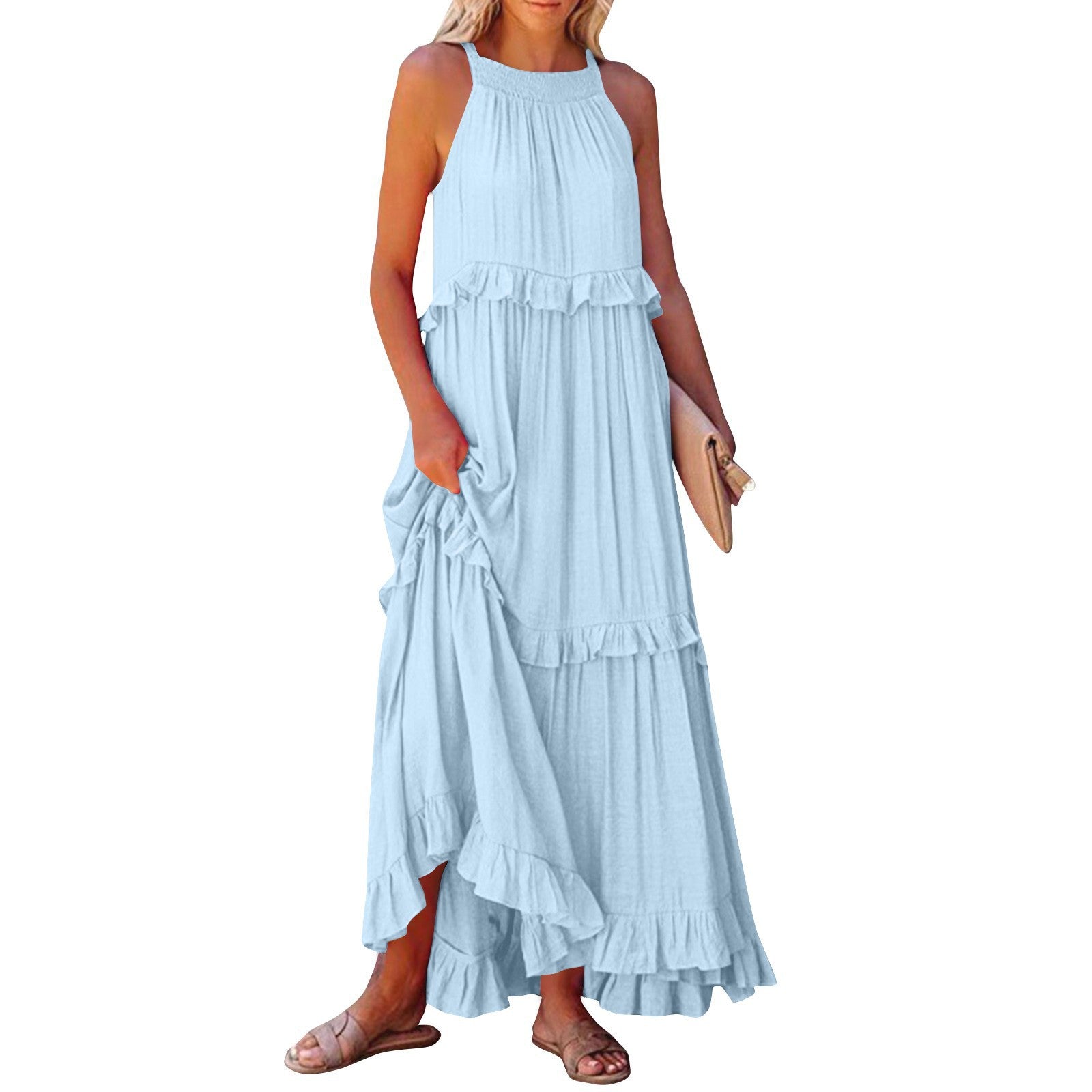 Summer Vacation Style Halter Neck Long Dresses Women Fashion Backless Leace-up Loose Ruffles Beach Dress Elegant Ladies Vestidos