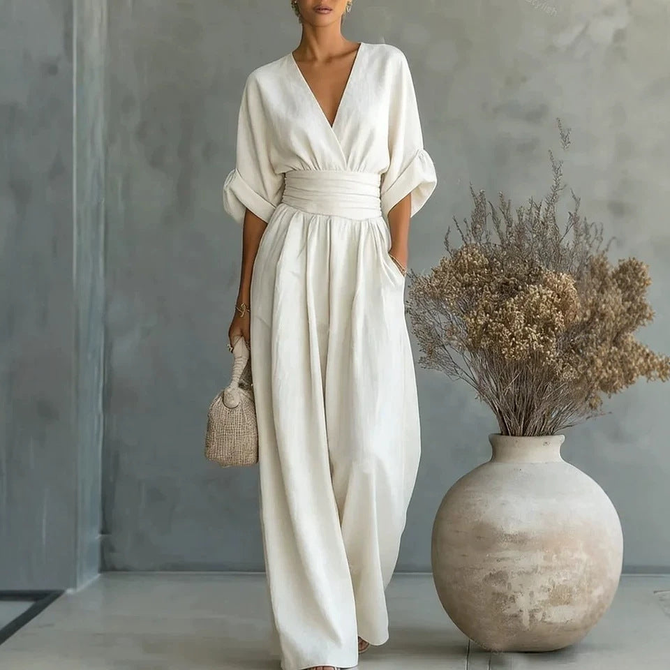 Summer Short-sleeved Jumpsuit Fashion Casual V-Neck Wide-Leg Pants Womens Clothing