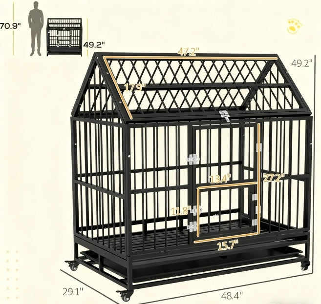 Heavy Duty Dog Crate With 4 Lockable Wheels