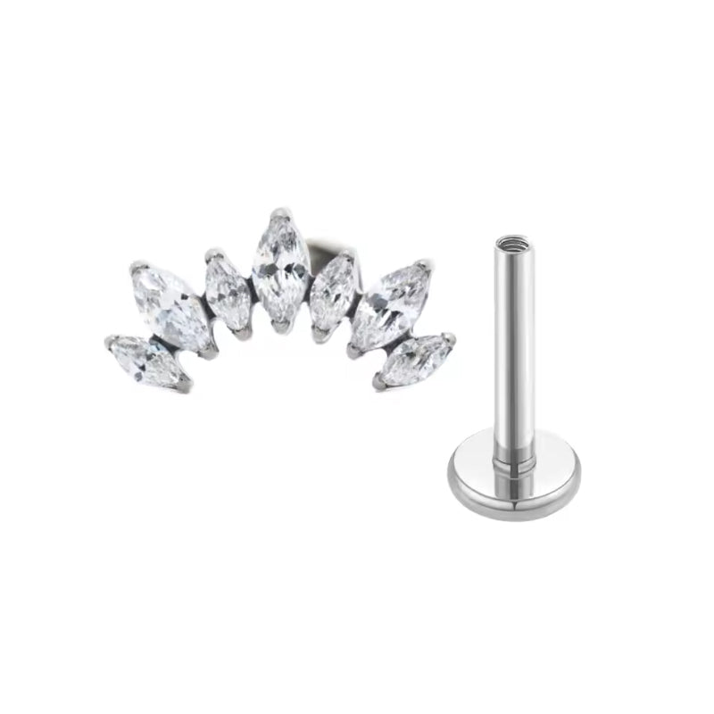 1 Pair Of Women's Earrings, 16 Gauge Implant Grade Titanium Internally Threaded Labret With Marquise And Round CZ Fan Top,Geometric Glow Earrings, Crystal Clusters Blooming