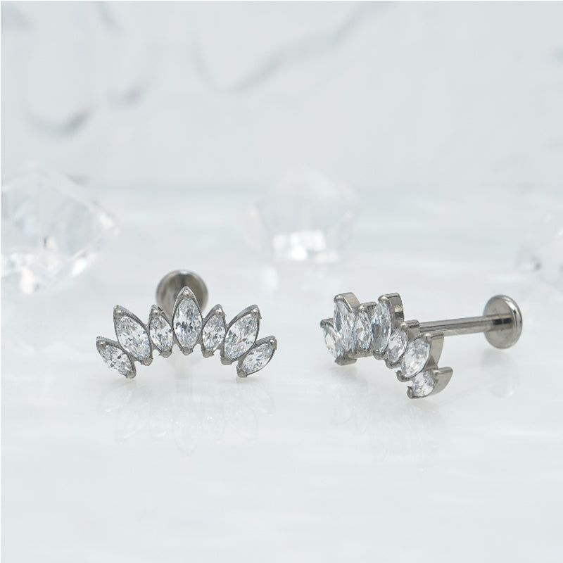 1 Pair Of Women's Earrings, 16 Gauge Implant Grade Titanium Internally Threaded Labret With Marquise And Round CZ Fan Top,Geometric Glow Earrings, Crystal Clusters Blooming