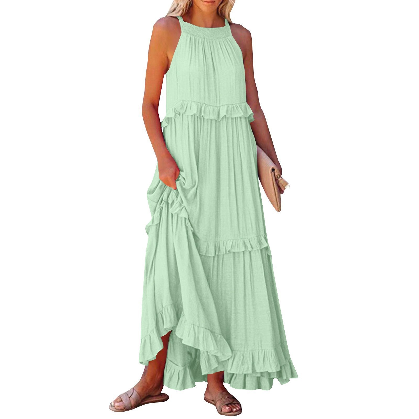 Summer Vacation Style Halter Neck Long Dresses Women Fashion Backless Leace-up Loose Ruffles Beach Dress Elegant Ladies Vestidos